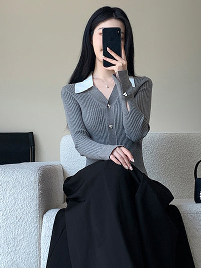 v neck collar heart button cardigan