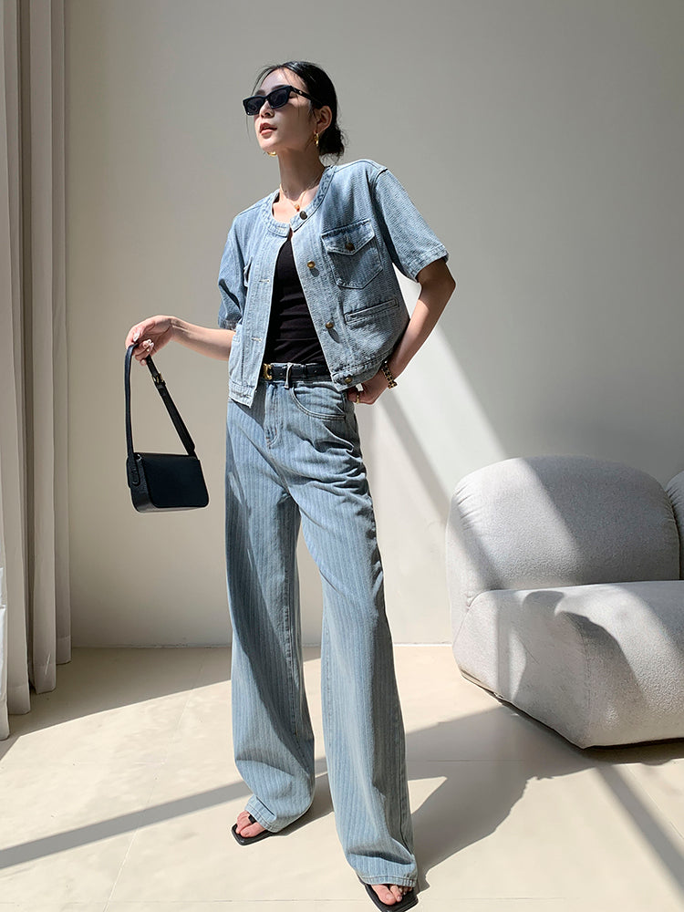 high waist light blue stripe wide pants