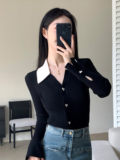 v neck collar heart button cardigan