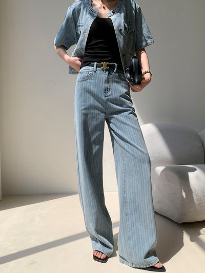 high waist light blue stripe wide pants