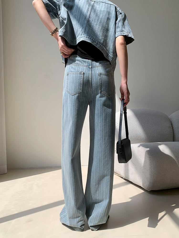 high waist light blue stripe wide pants