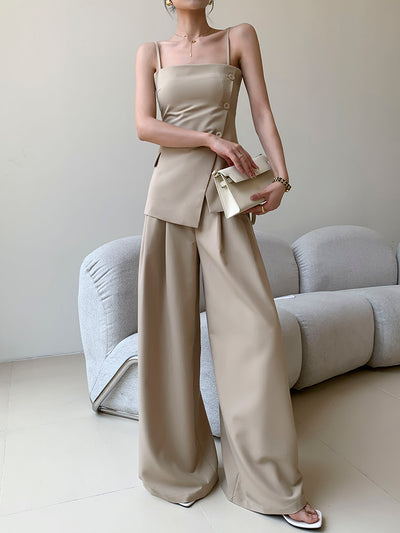 side button tops wide long pants setup