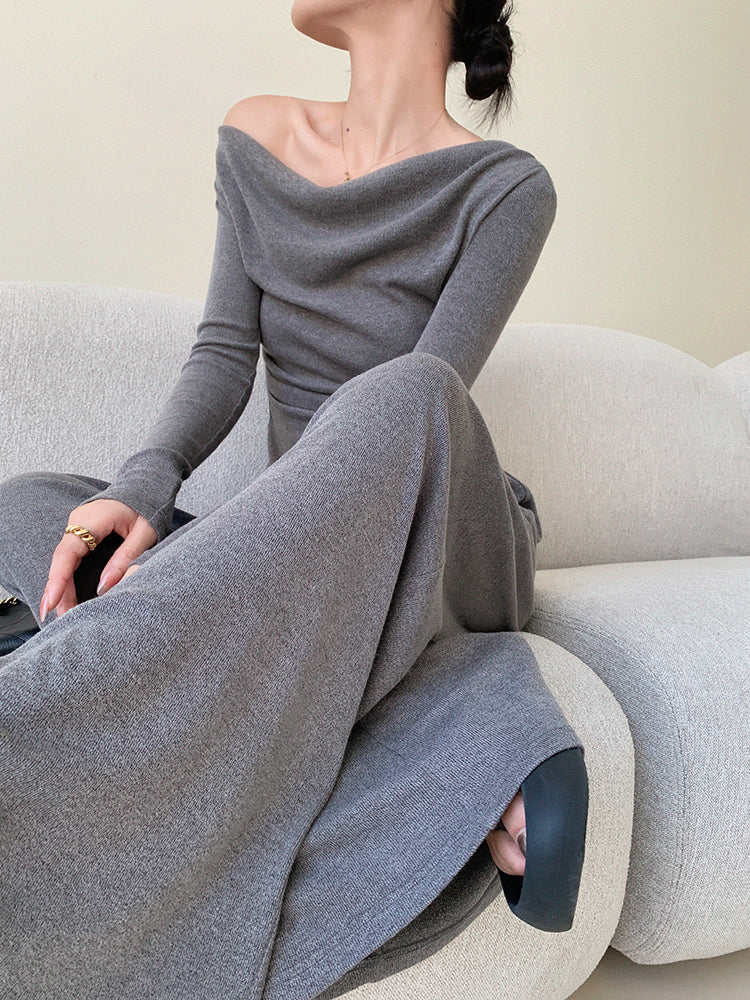 off shoulder asymmetry pants setup