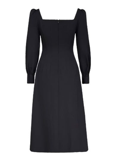 square neck long sleeve slit black dress