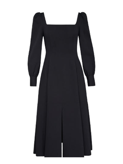 square neck long sleeve slit black dress