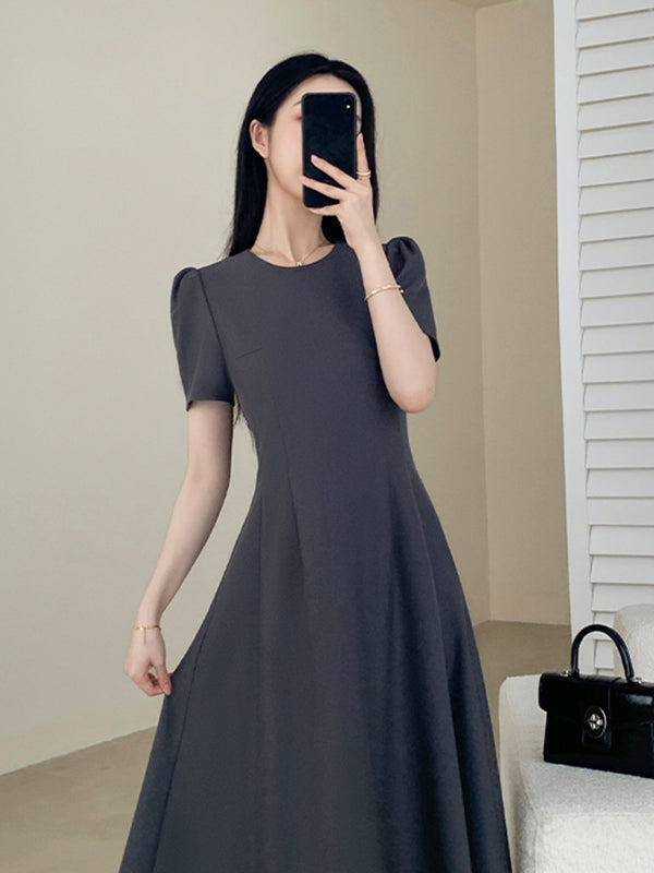 u neck gray flare long dress