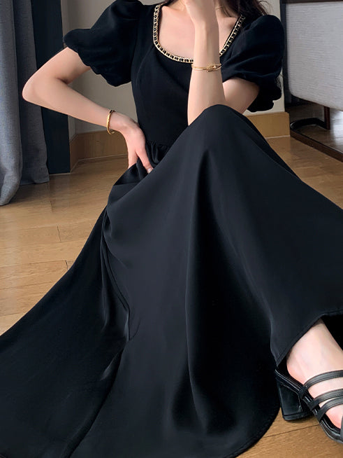 chain square neck puff sleeve black dress