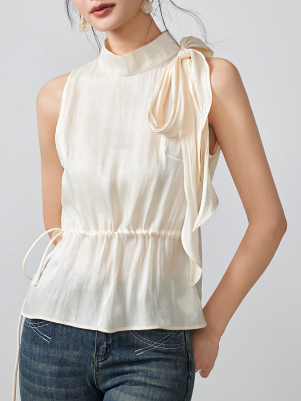 high neck sleeveless ribbon tops