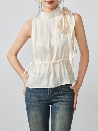 high neck sleeveless ribbon tops
