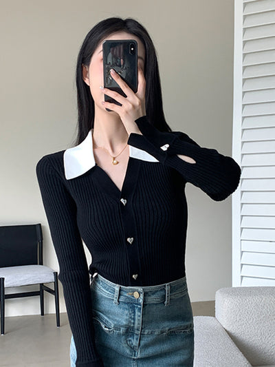 v neck collar heart button cardigan