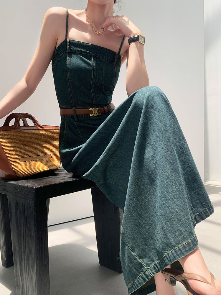 vintage blue denim camisole pleats long one piece