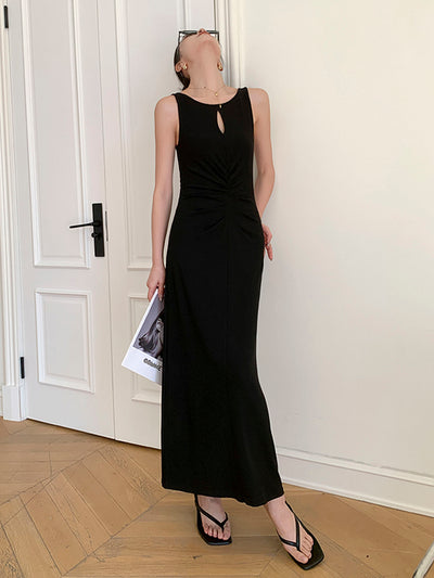 black hollow design sleeveless long dress