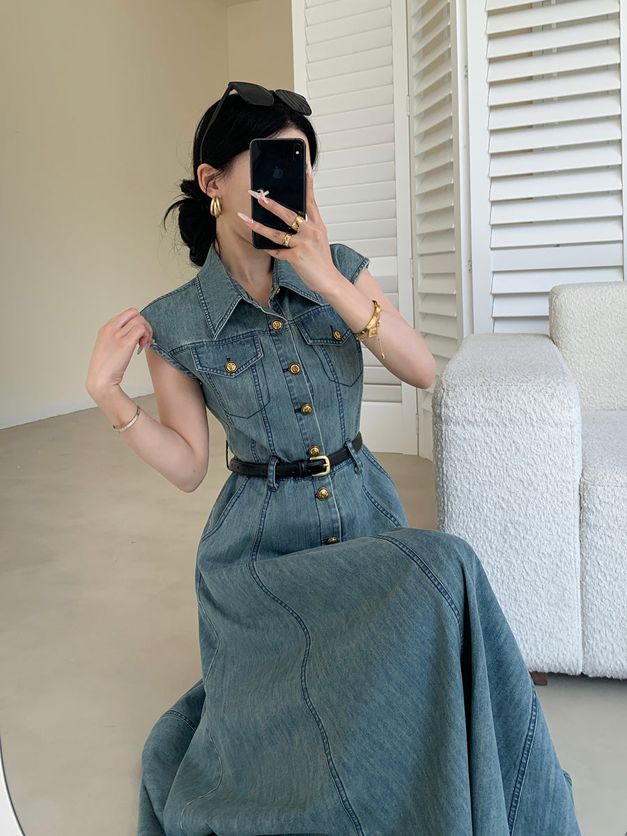 blue denim flare long one piece