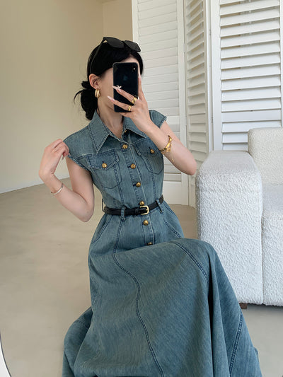 blue denim flare long one piece