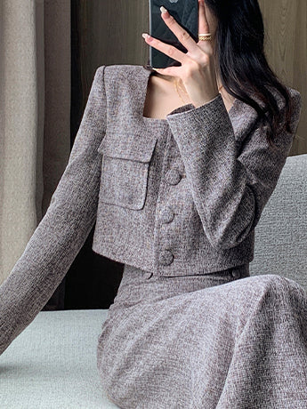 gray brown square collar short French jacket