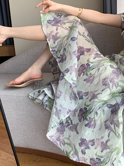 v neck flower tencel long one piece