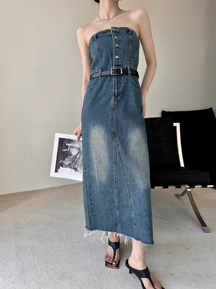 blue denim button tube top long one piece