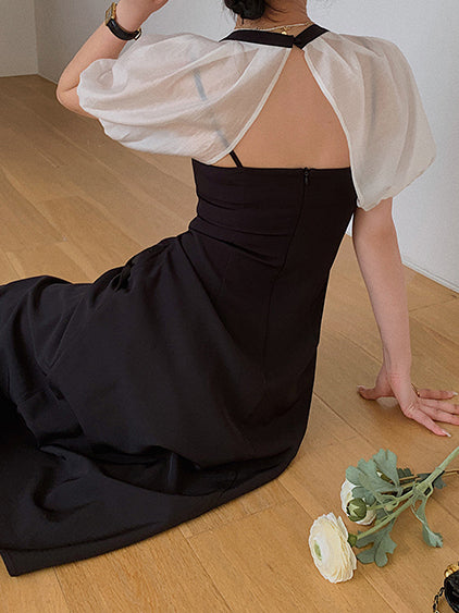 square neck puff sleeve bicolor dress