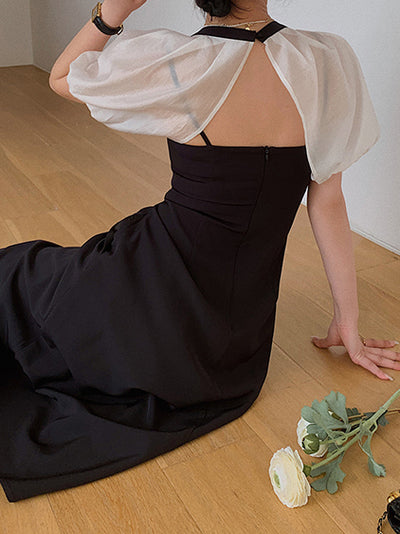 square neck puff sleeve bicolor dress