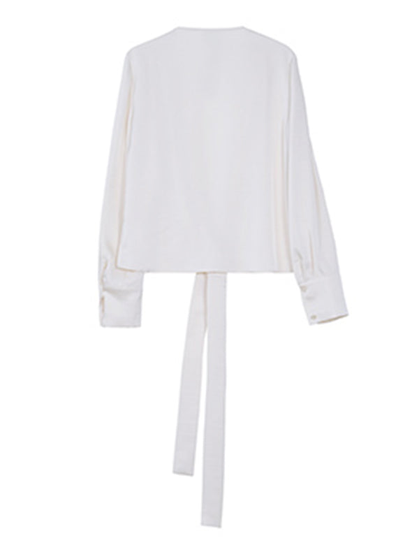 off white v neck waist cross long sleeves shirt