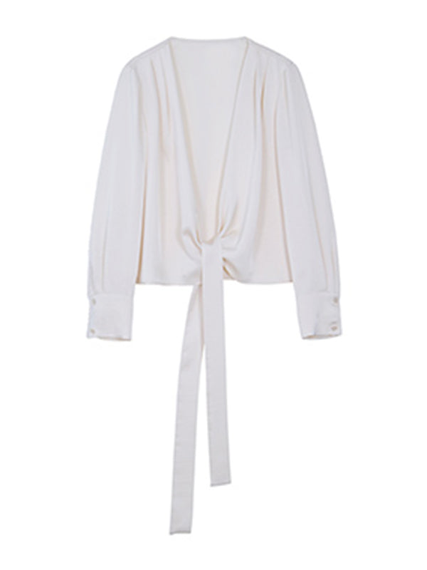 off white v neck waist cross long sleeves shirt