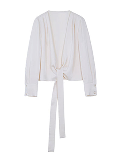 off white v neck waist cross long sleeves shirt