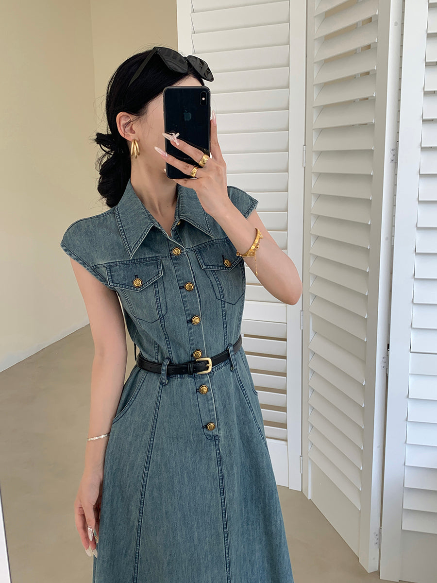 blue denim flare long one piece