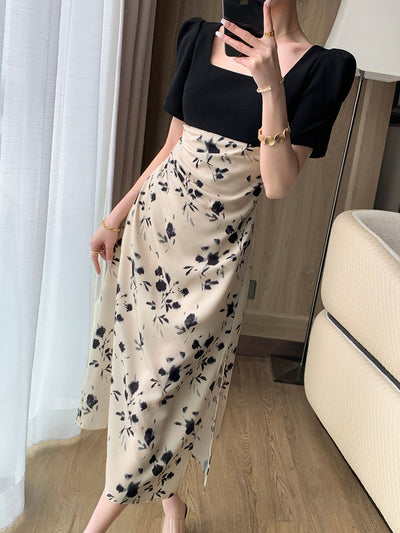 french flower square neck slit long one piece