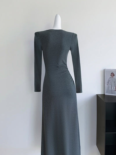 gray long sleeve slit long dress