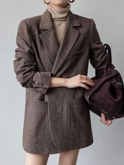 brown suit jacket mini skirt setup