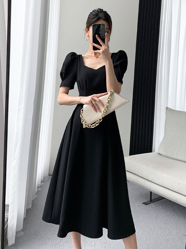 square neck back cross black long dress