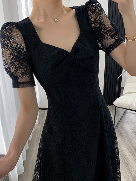 square neck flare black lace one piece