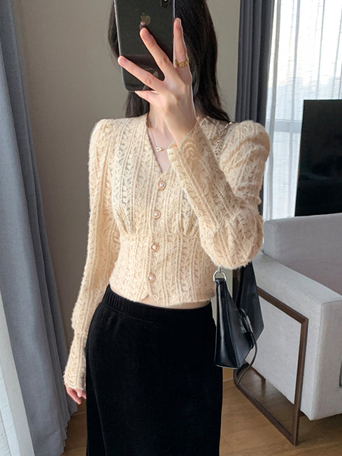 v neck knit short lace cardigan