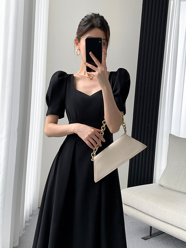 square neck back cross black long dress