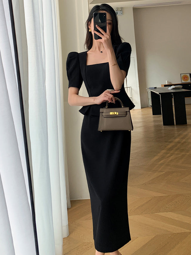 square neck peplum long one piece