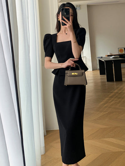 square neck peplum long one piece