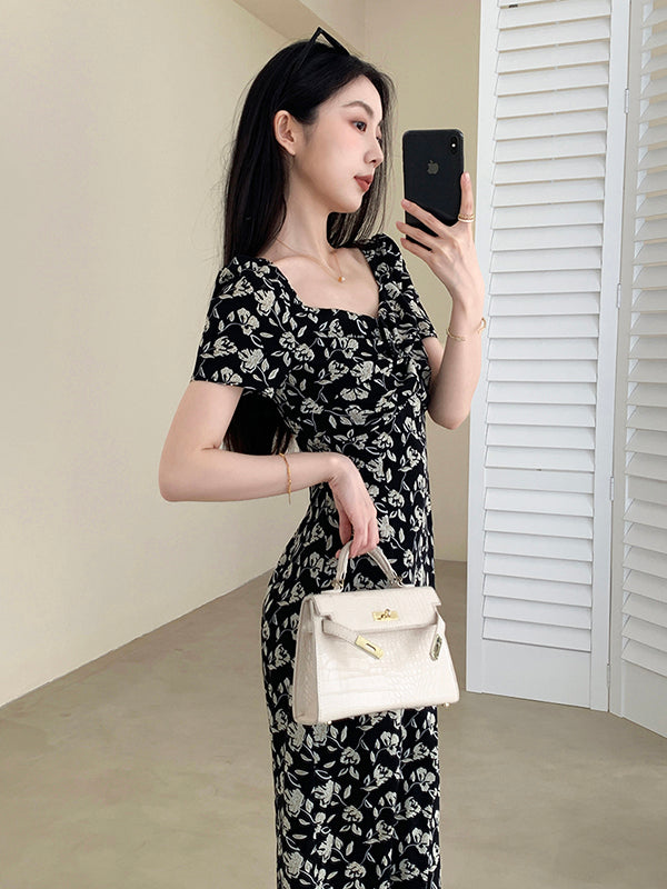 square neck flower tight long dress