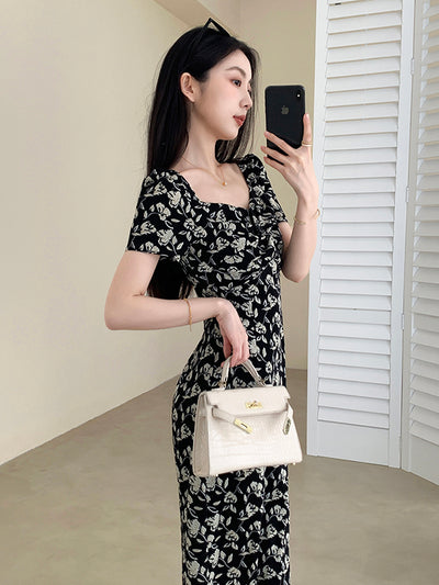 square neck flower tight long dress
