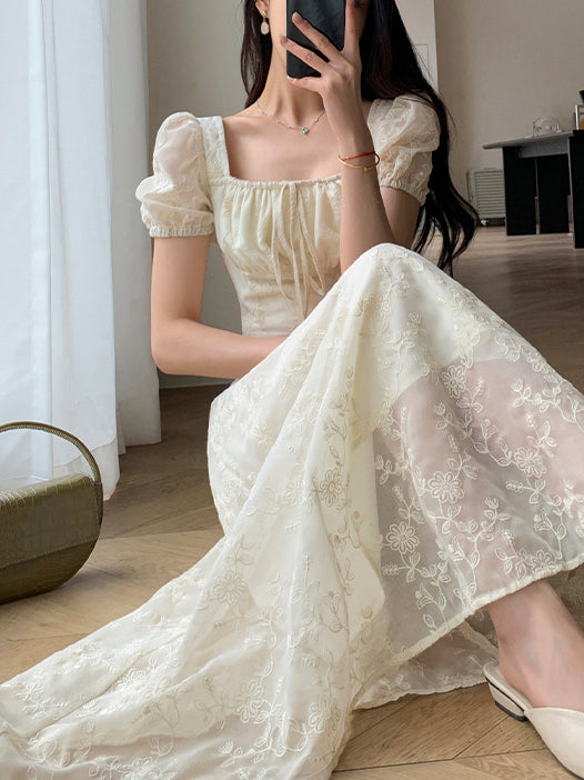square neck puff sleeve lace long dress