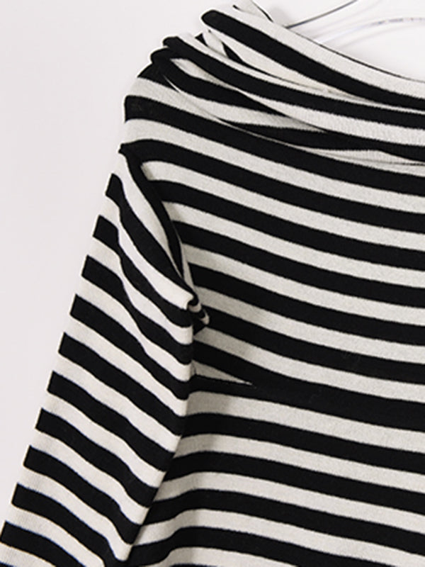 stripe off shoulder long sleeve slim fit tops