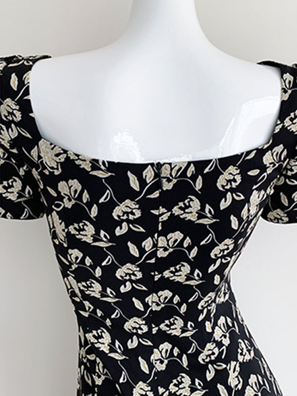square neck flower tight long dress
