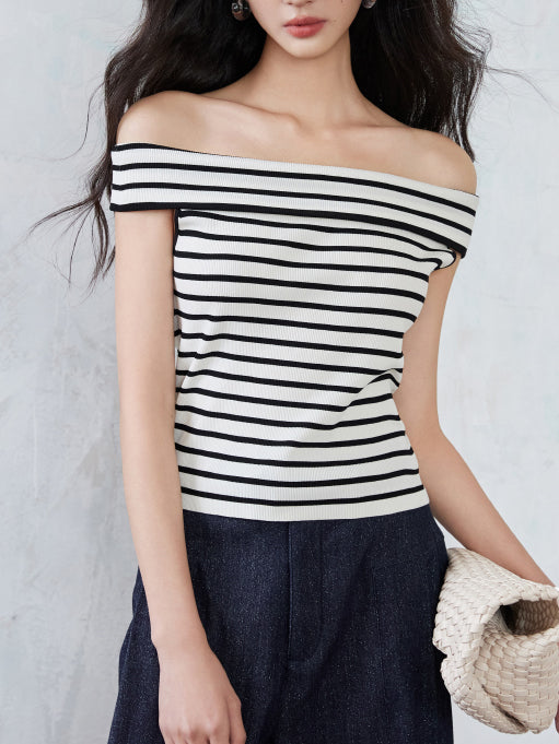 off shoulder striped knit tops