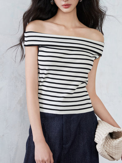 off shoulder striped knit tops