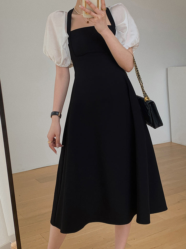 square neck puff sleeve bicolor dress