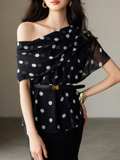 one shoulder chiffon dot tops