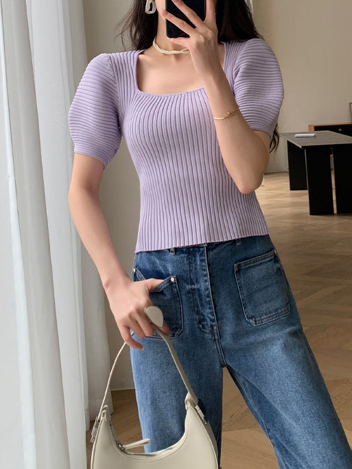 light purple square neck puff sleeve knit tops
