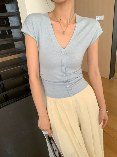 v neck button summer knit tops
