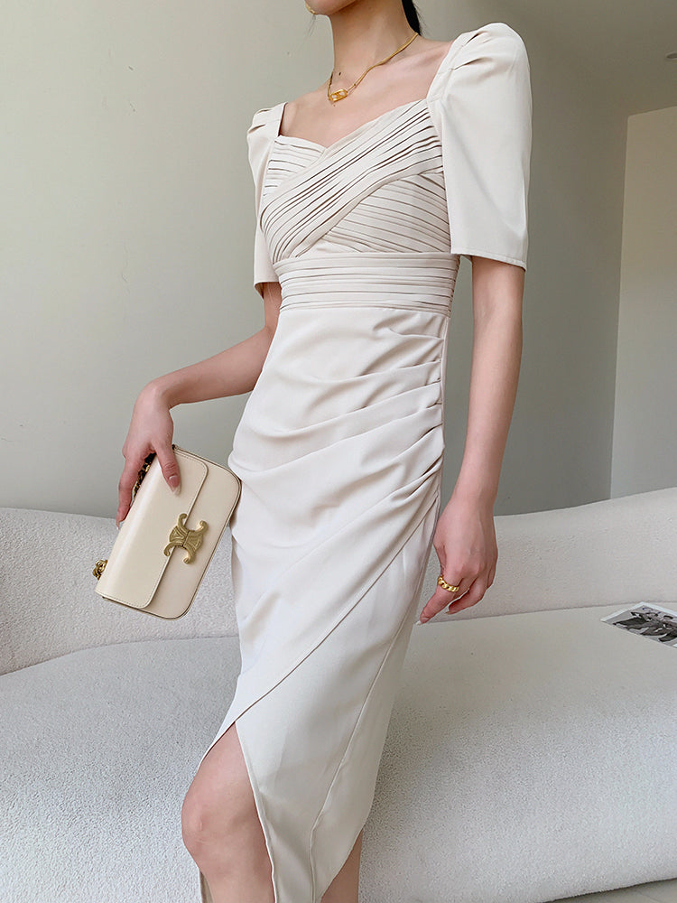 puff sleeve white beige drape slit dress