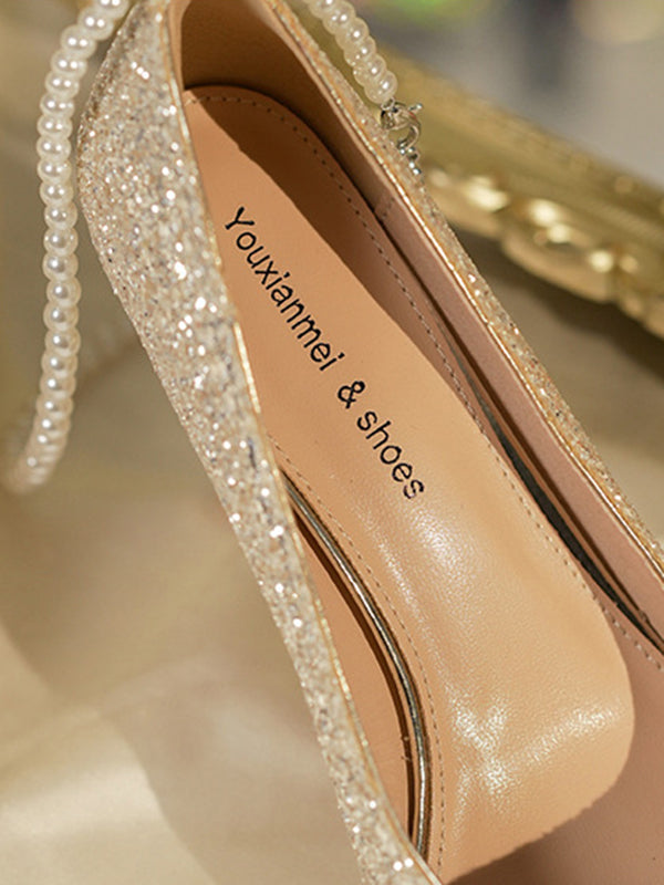 pearl strap crystal diamond pumps
