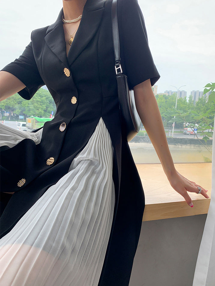 black short sleeve suit style pleats one piece
